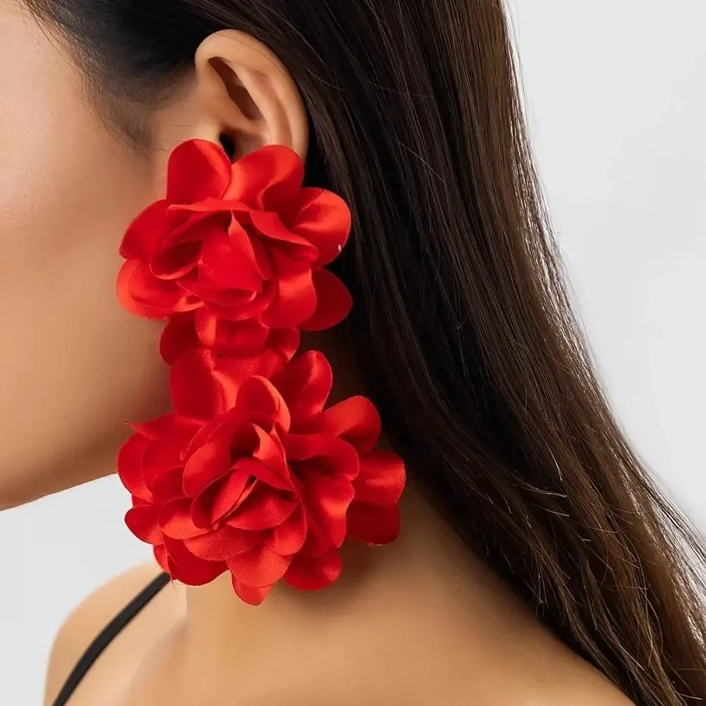 Vintage Bohemian Flower Dangle Earrings Exaggerated Occidental Style Floral Earrings Satin Earrings Casual Wear