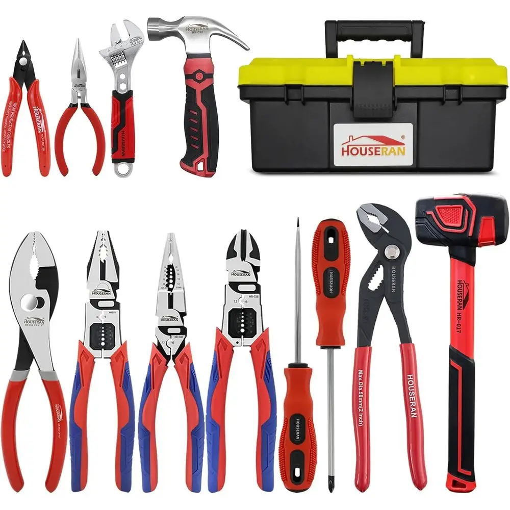 

12-Piece Household Hand Tool Set with Toolbox – Heavy Duty CRV Pliers, Adjustable Wrench, Rubber Mallet & Claw Hammer for Home,