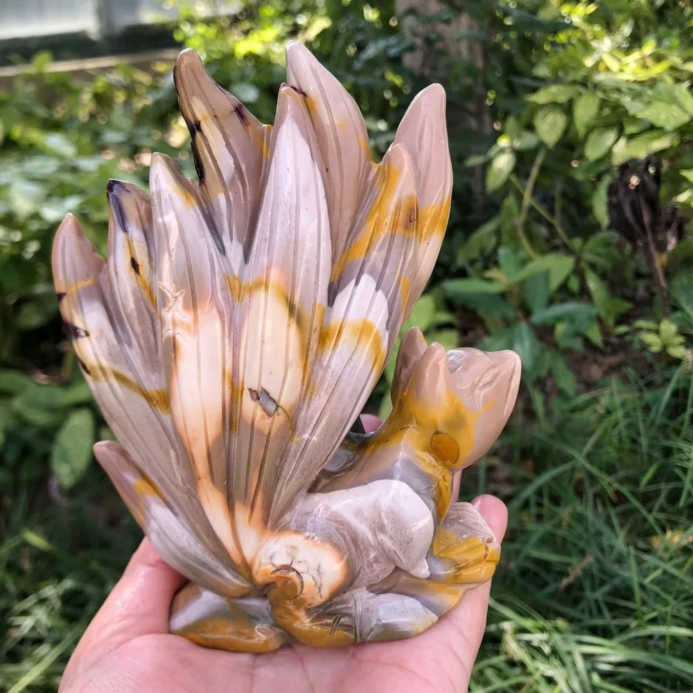 Natural Mookaite Jasper Hand Carved Nine Tails Fox Figurine, Crystal Spirit Animal Statue, Home Altar Decor Spiritual Gift