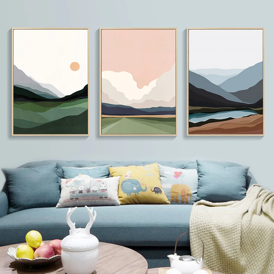 Abstract Nature Landscape Mountain Lake Sun Cloud Posters Minimalist Print Canvas Painting Wall Art for Living Room Home Decor