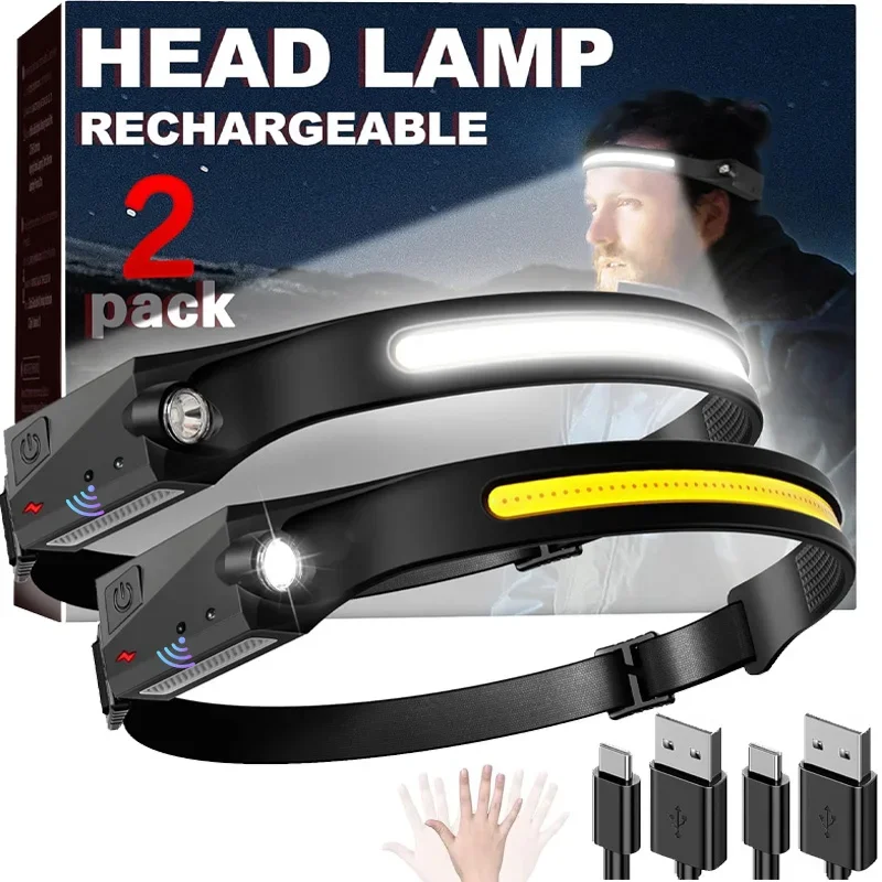 2pack LED Induction Headlamp Camping Search Light USB Rechargeable Headlight Led Head Torch Work Light with Built-in Battery