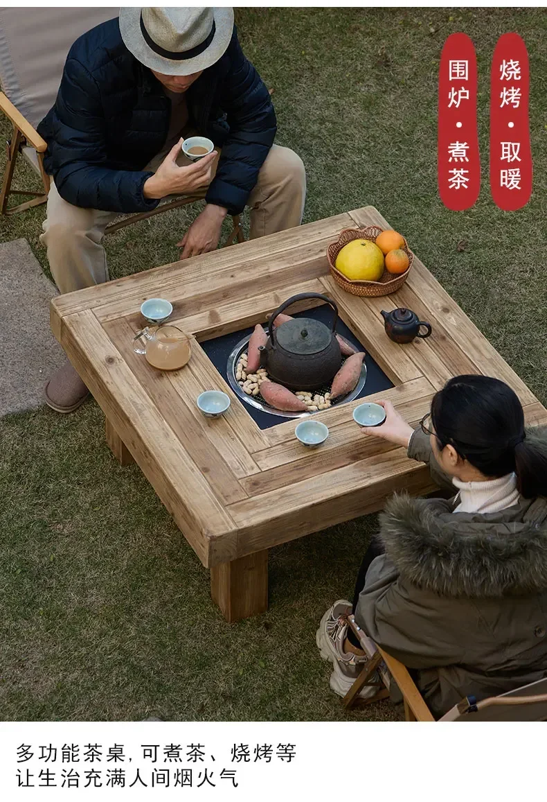 X18 Tavolino basso da balcone quadrato in legno massello per riscaldamento domestico, tavolino da caffè retrò a vento