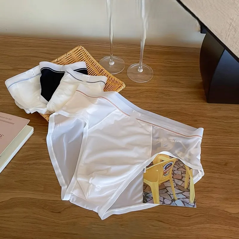 سراويل داخلية شفافة مثيرة للرجال رفيعة للغاية من الحرير الجليدي سراويل مريحة للتنفس منتصف الخصر سراويل سفلية سيسي FKK هدية للحفلات BF