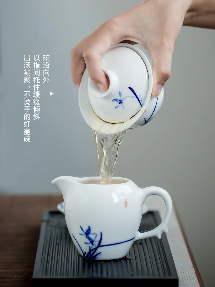 Pure Hand Drawing Blue and White Porcelain Cover Teacup Single Household Kung Fu Tea Set Tea Making Three-Piece Tea Bowl