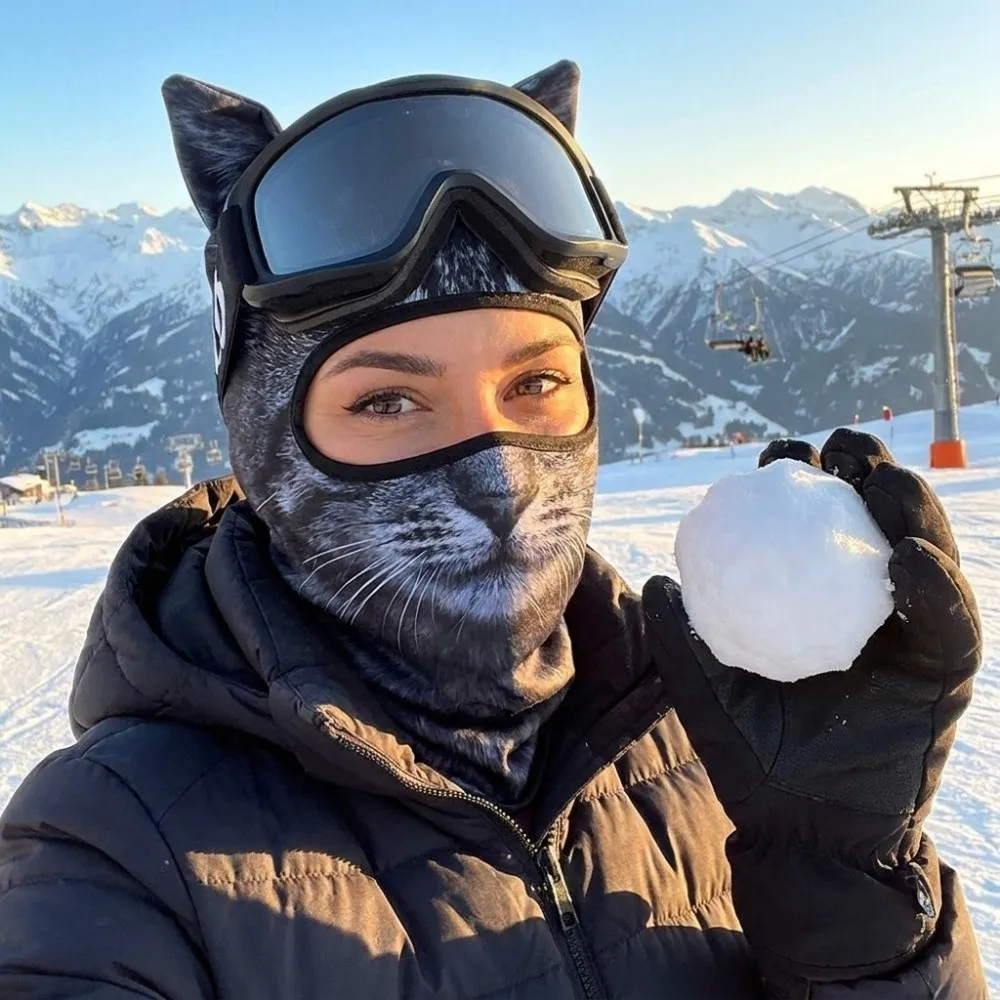 Windproof Cycling Balaclava Hat Machine Washable Thick Lined Full Coverage Mask Elastic 2D Flat Animal Pattern Neck Warmer