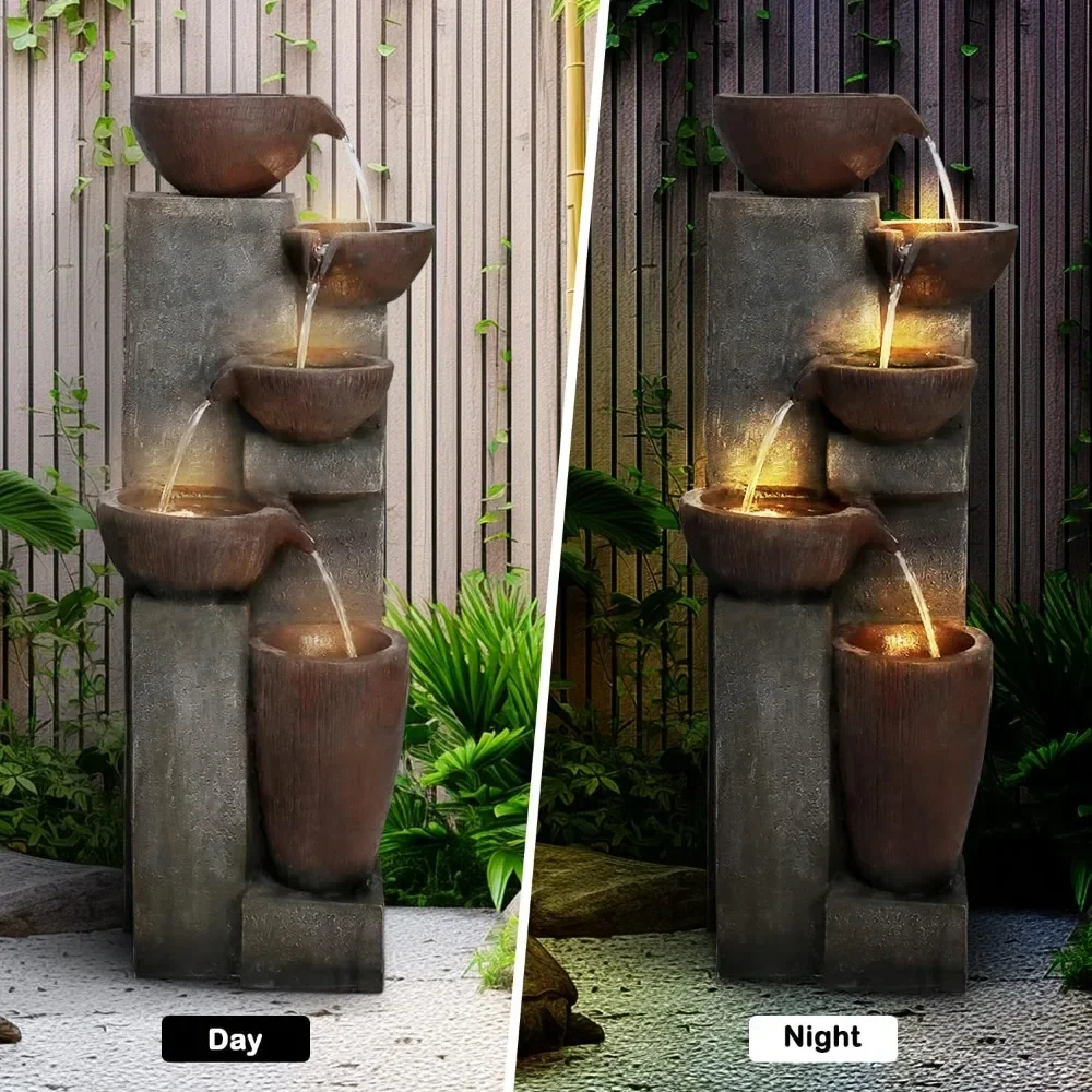 39.7in.Modern Outdoor Fountain -5-Tier Resin Water Feature, Indoor Outdoor Garden Waterfall Fountain with Contemporary Design