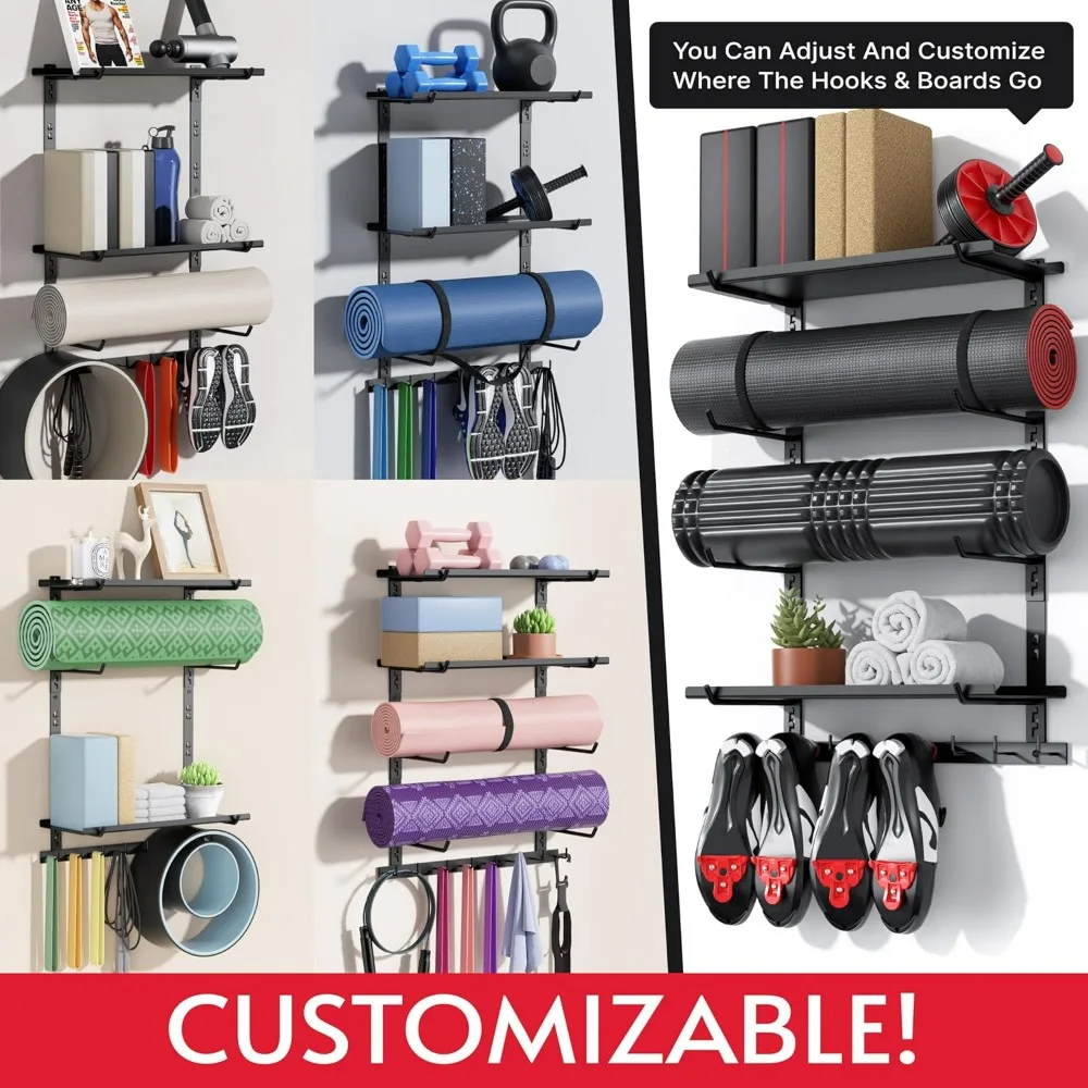 منظم معدات الصالة الرياضية المثبت على الحائط قابل للتعديل مع رفين وحامل حصيرة اليوغا للتخزين المنزلي #2