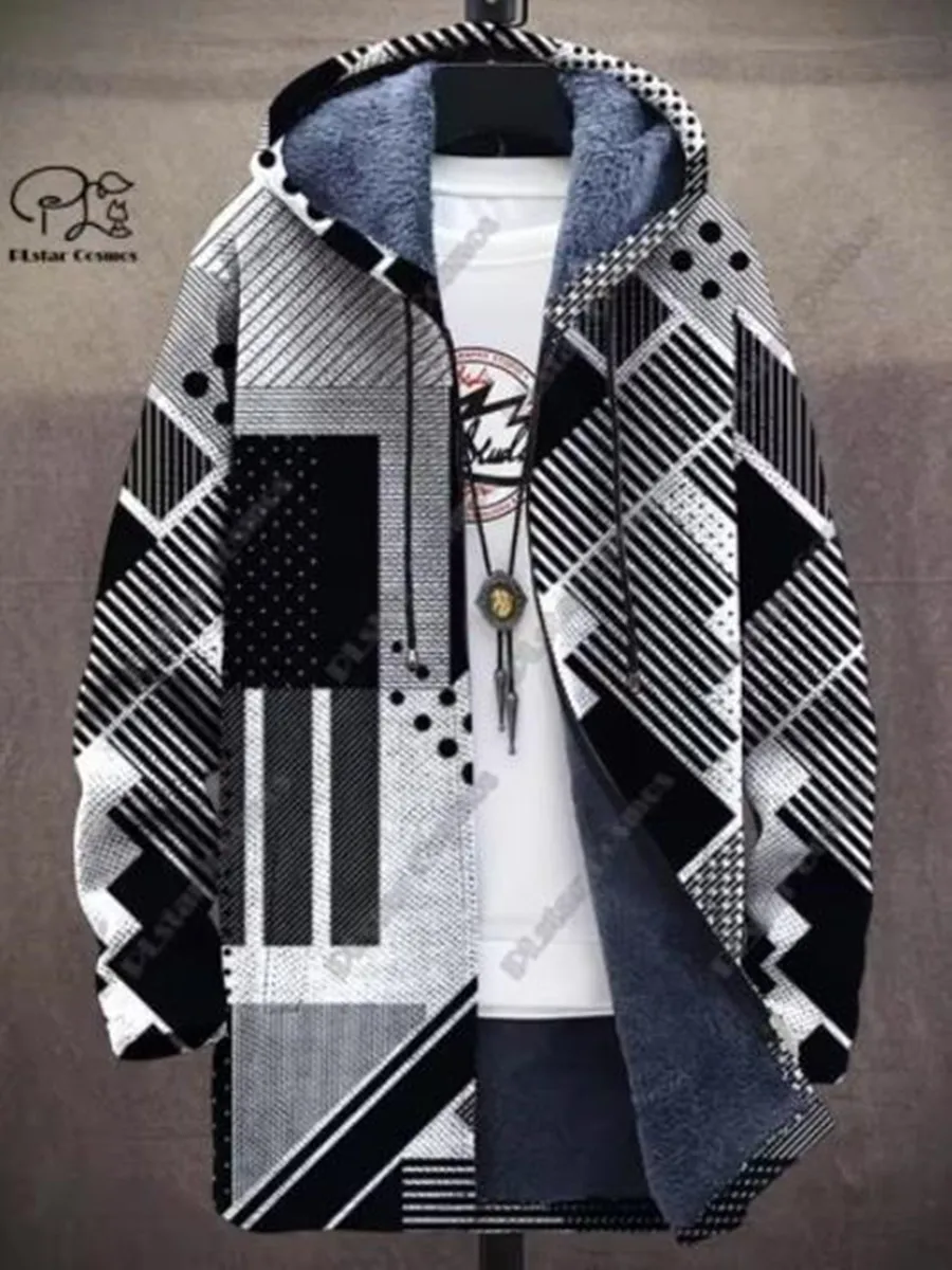 Capa masculina de inverno com zíper, padrão gradiente geométrico, estampa 3d, pelúcia, zíper grosso, capuz, neutro, rua, casual, jaqueta quente z0354