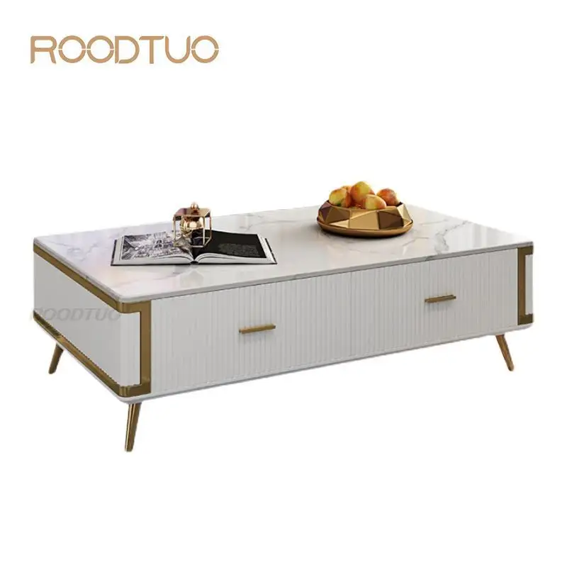 

Roodtuo Italian Design Wavy Vertical Texture White Tv Cabinet And Coffee Table Led Light Luxury Cabinet Set طاولات تلفزيون مودرن