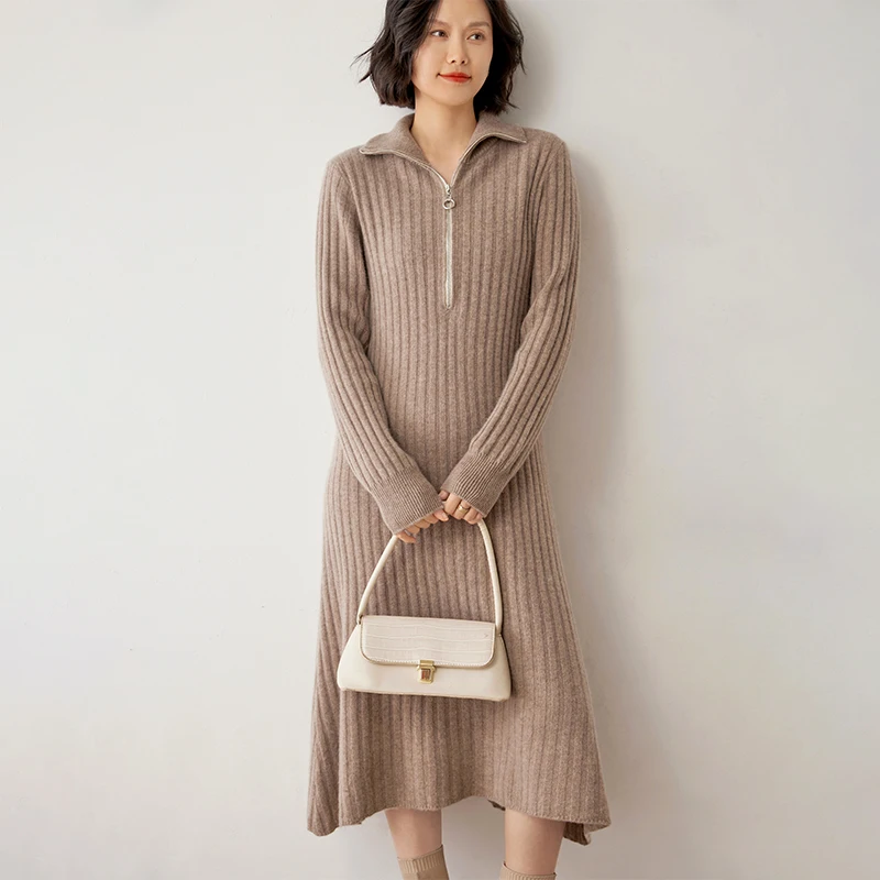 High-end Autumn Winter New 100% Cashmere Dress Long Sweater Women Knitted Dresses Female Fashion Lapel Neck Elastic Pullover