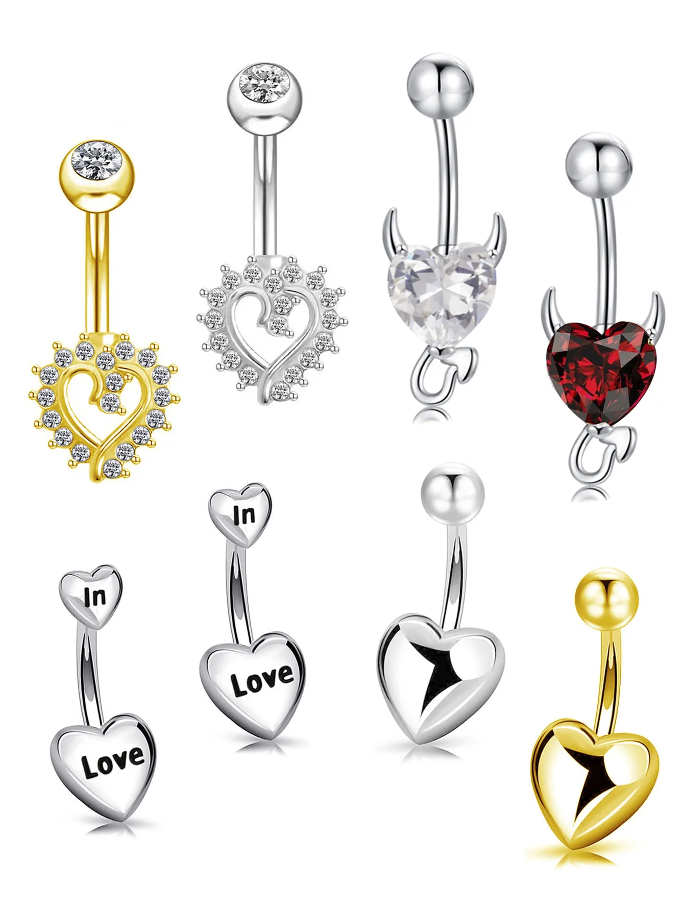 

4Pcs/Set 14G Surgical Steel Heart Zircon Belly Button Ring Waterproof Hyposensitivity Plated 18K Gold Navel Barbell Piercing