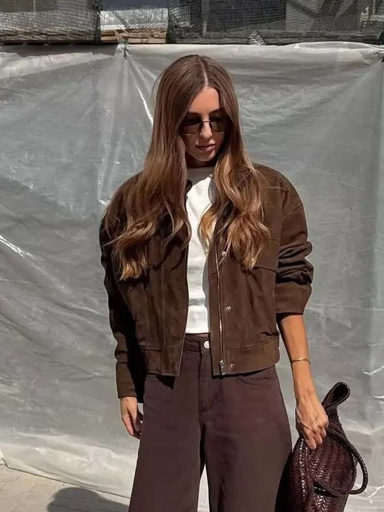 

HH 2025 Fall Trendy Suede Jacket For Women Solid Color With Pockets Long Sleeves Turtleneck Buttons Zipper Vintage Coats