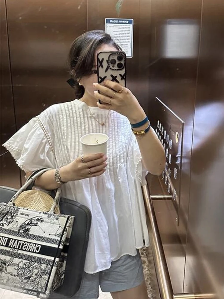 Chic été ample rond Ne plissé Ba bouton unique Fly Sve irt haut pour femme trajet Sle ort Sve