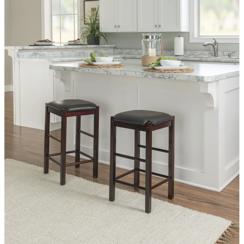 

Set of 2 Backless Counter Stools Padded Faux Leather Espresso Wood Stools Space Saving Comfortable Seating Kitchen Pub Table