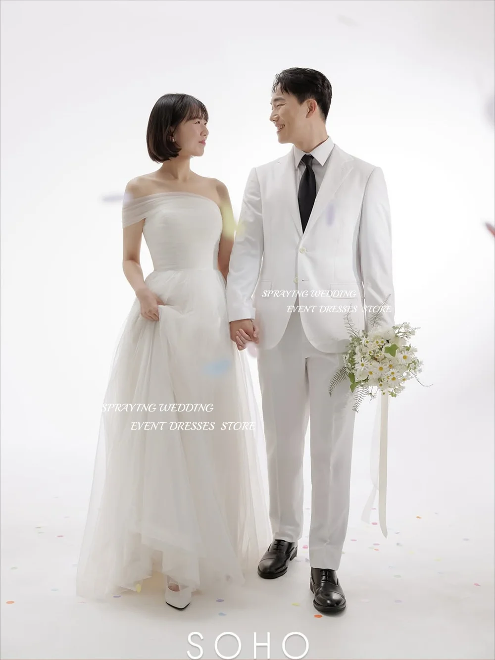 SPRAYING Ivory Tulle Long Wedding Dresses Korea Photo Shoot Strapless Detachable shawl Bridal Gowns Corset Customized 웨딩드레스