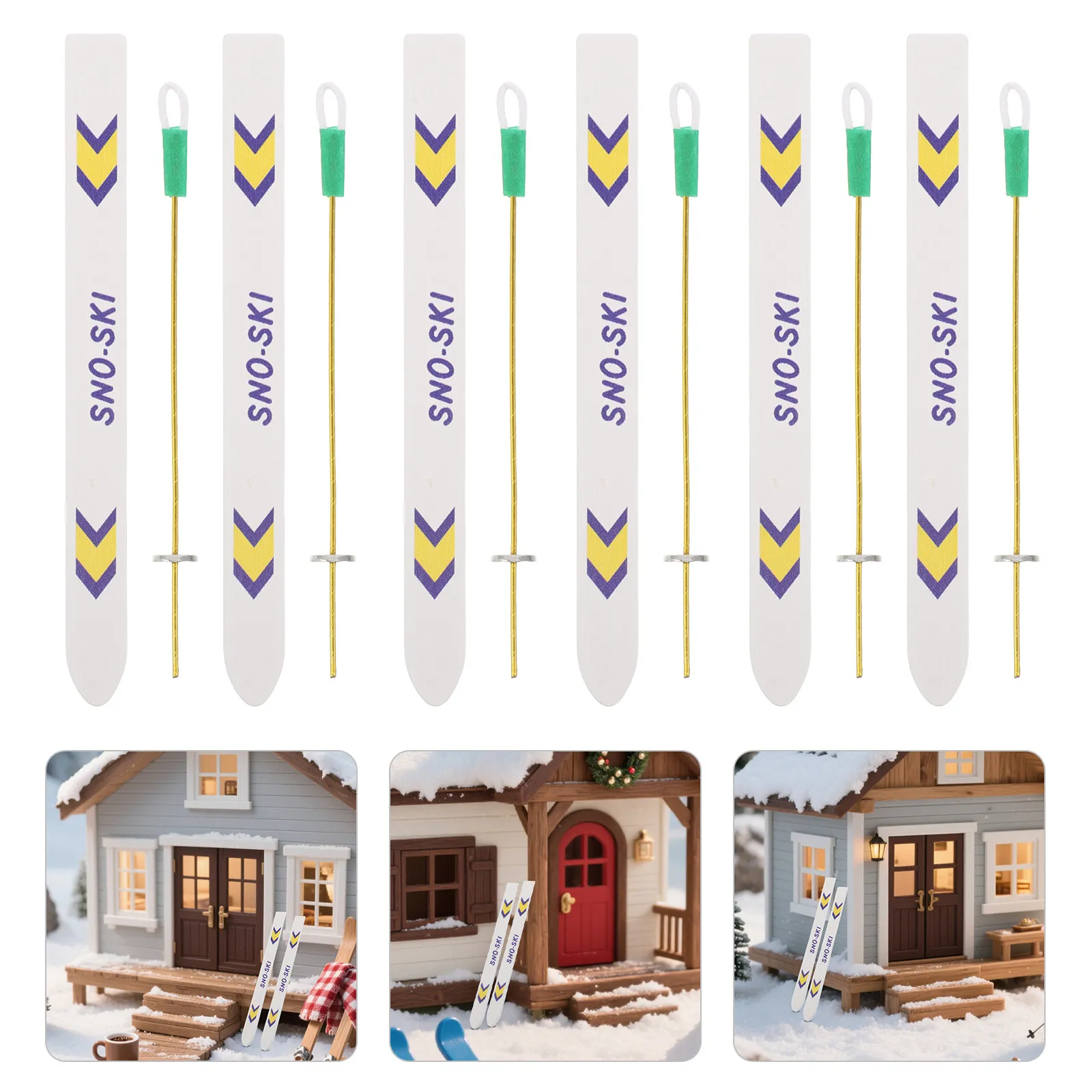 

5Set Miniature Snow Skis with Poles Wooden Dollhouse Holiday Accessories Christmas Winter Skiing Scene Festive Miniature Decor