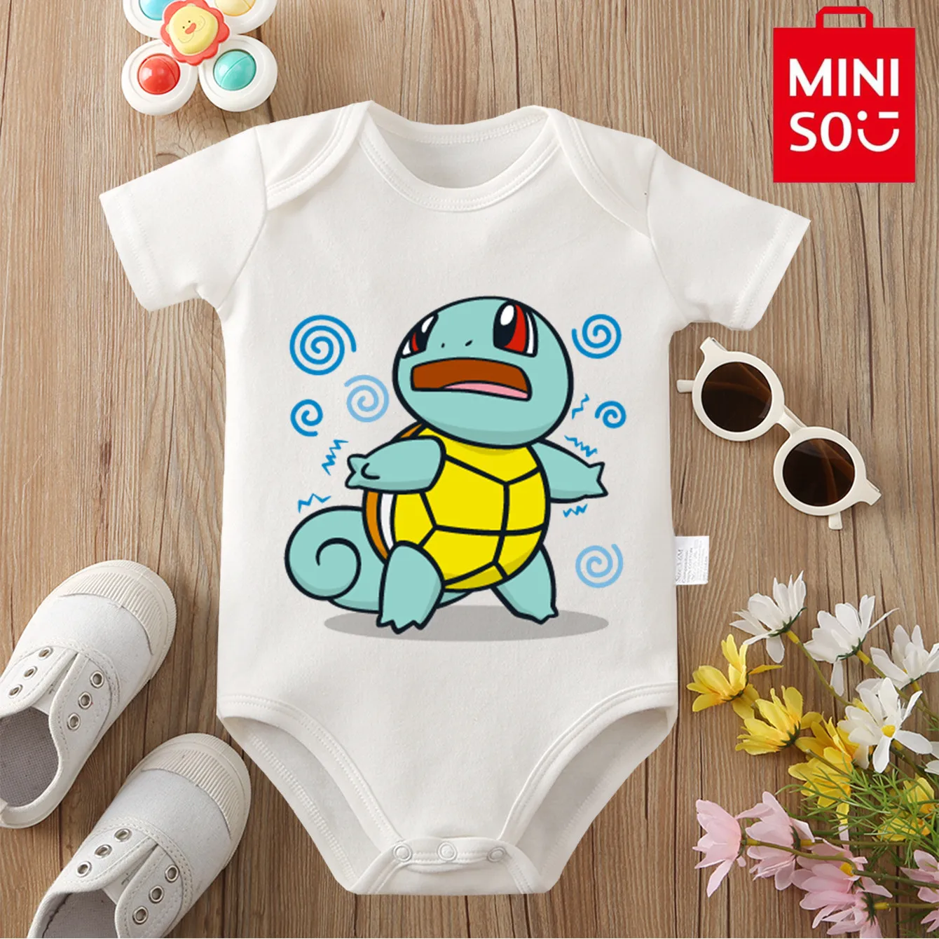 

MINISO из чистого хлопка, карманный монстр Пикачу, милая ткань с принтом, мягкий боди для ребенка, комбинезон для новорожденных от 0 до 12 месяцев