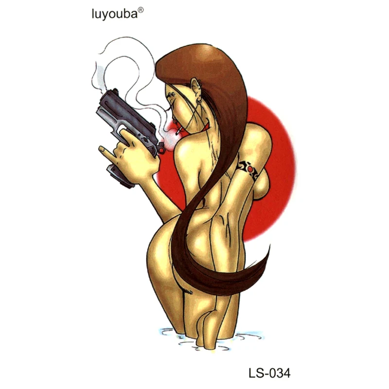 A woman with a pistol waterproof temporary tattoos men harajuku flash tattoo sticker Killer tatoo sleeves fake tatto