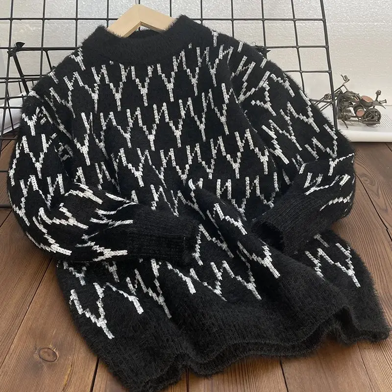 2026 New Fleece Lined Mink Velvet Knit Sweater Unisex Warm Thick Pullover Casual Autumn Winter Fashion Base Layer Top
