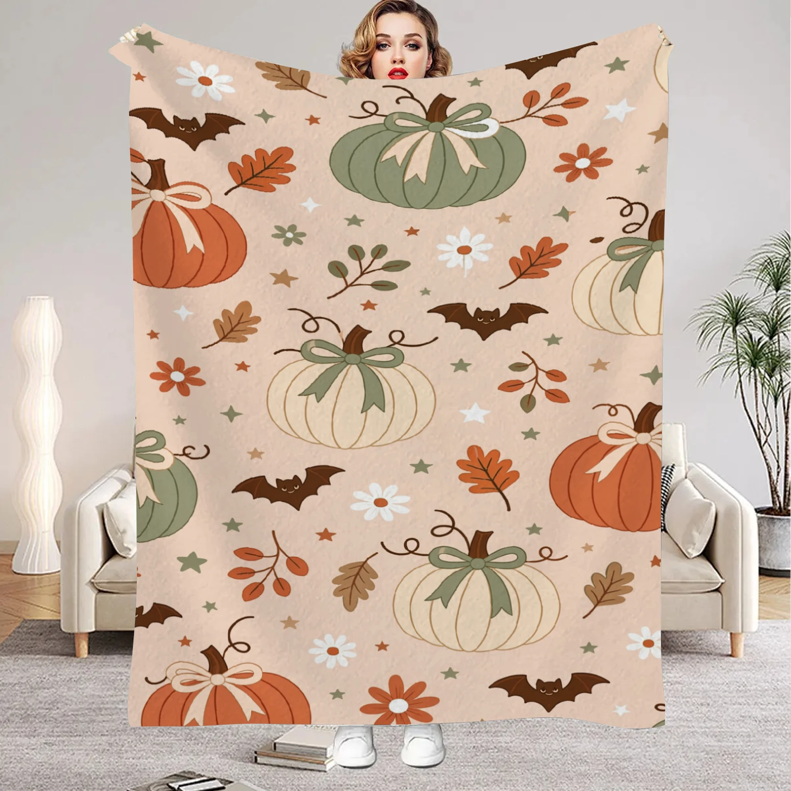 Cute Fall Halloween Throw Blanket, Bow Pumpkin Bat Daisy Maple Leaf Star Print Soft Cozy Seasonal Sofa Bed Decor Blanket