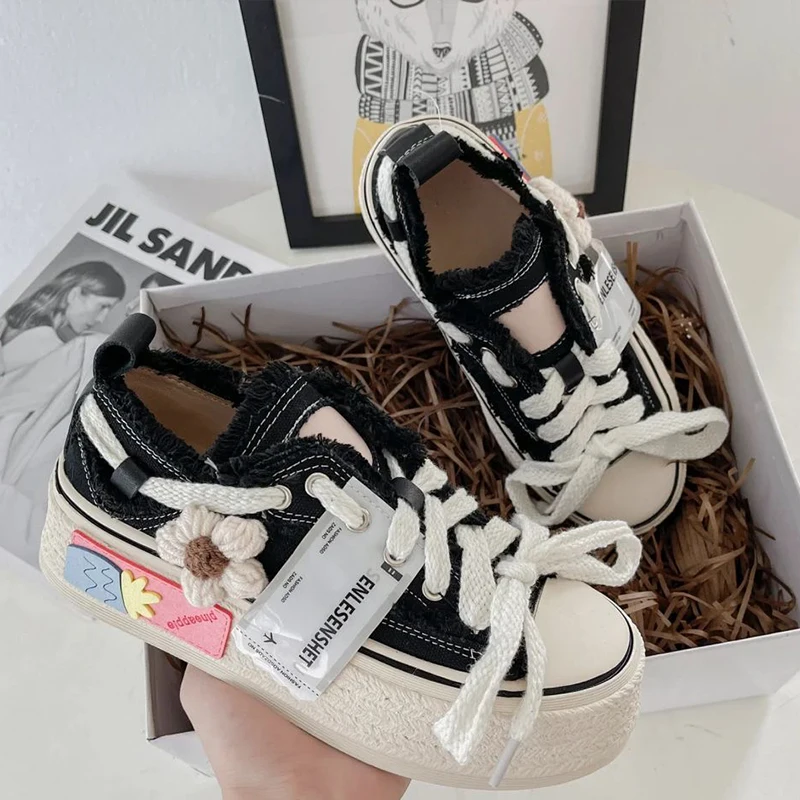 Designer old school stacked canvas shoes women stylish punk gothic platform sneakers girls chunky trainers frayed harajuku shoes