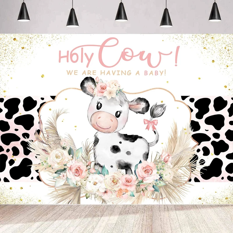 Holy Cow Photography Backdrop Farmhouse Pink Floral Girls Kids Boho Baby Shower Party Cow Cute Lovely Country Rustic Background