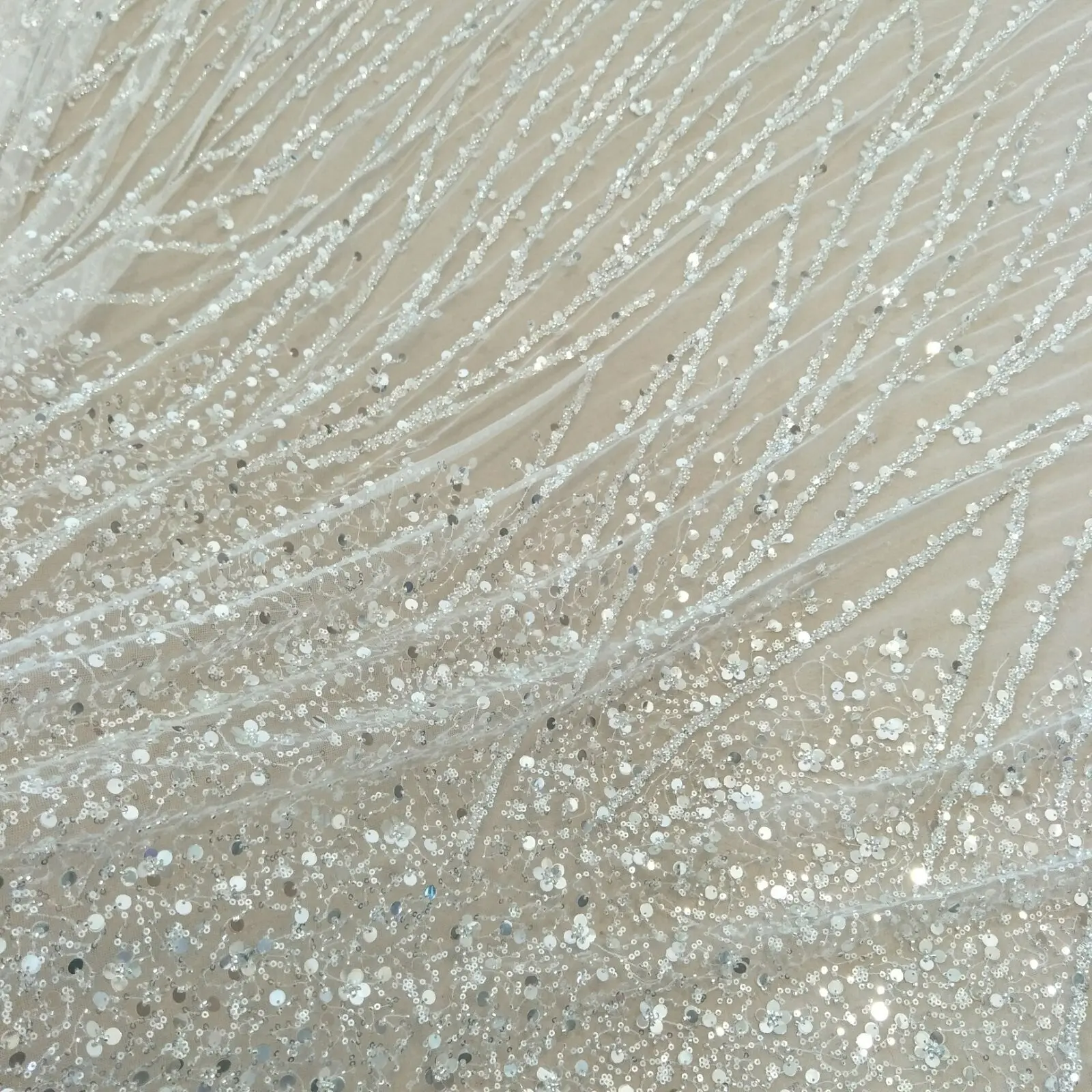 Hot beading sliver color beads and sequins wedding gown dress lace fabric 130cm width lace sell by yard