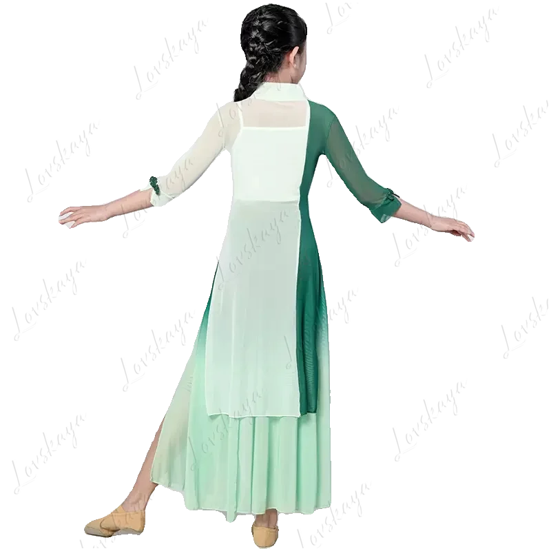 Traje de performance de dança clássica infantil, vestido de seda estilo cheongsam, traje de treinamento étnico fluindo estilo chinês para meninas