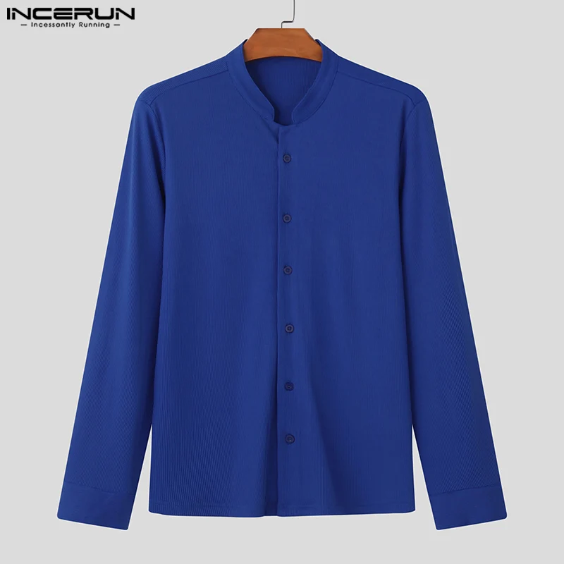 INCERUN Men Shirt Solid Color Stand Collar Long Sleeve Casual Men Clothing Streetwear 2024 Fitness Fashion Leisure Male Shirts