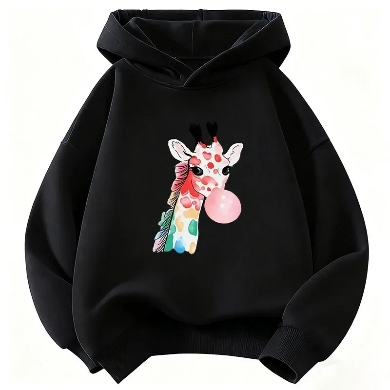 Giraffe print rubber-print children's hoodie, 90s style, suitable for both boys and girls, casual hip-hop clothing.