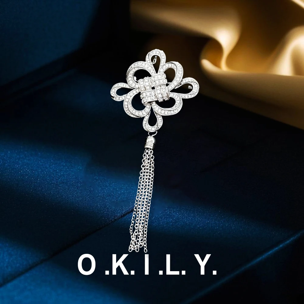 OKILY Exquisite High-end Men and Women AAAA Zircon Chinese Knot Fringed Brooch with Tassel Pins Temperament Suit Coat Corsage