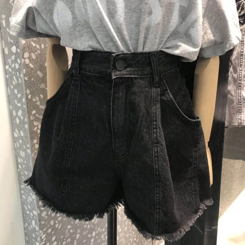 Pantalones cortos vaqueros negros para mujer, pantalón holgado de cintura alta con borde sin rematar, pierna ancha, gran tamaño, versátil, ajustado,