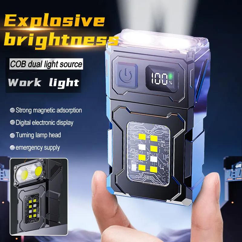 

180° Rotatable LED Flashlight Keychain Light Lightweight USB Rechargeable Portable Small Torch with Magnet Digital Display