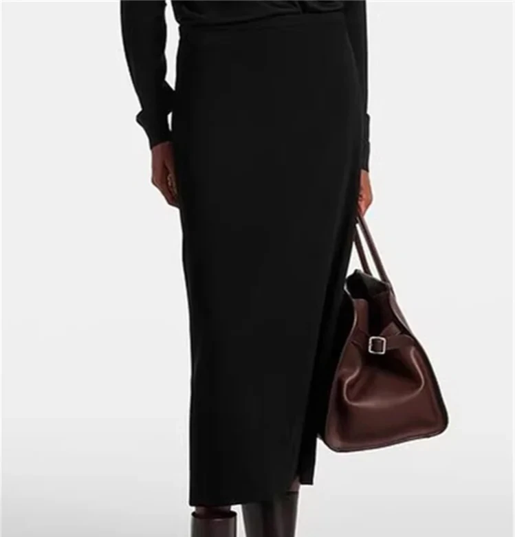 Women's Black Woolen High Waist Back Slit Midi Skirt Straight Cut for Commuting Ladies Jupe
