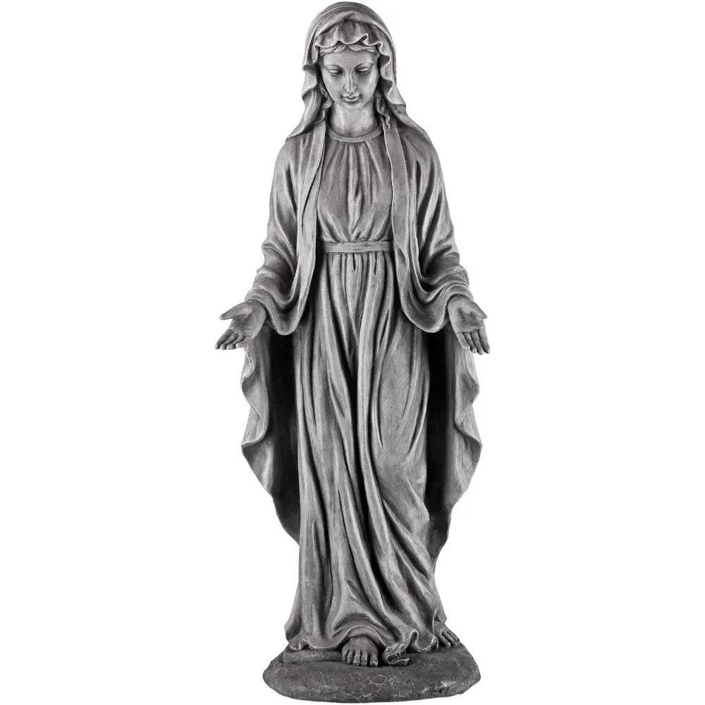 The statue of the Virgin Mary, sacred decoration, outdoor garden, home yard, gray stone veneer, ceramic 29 inches high