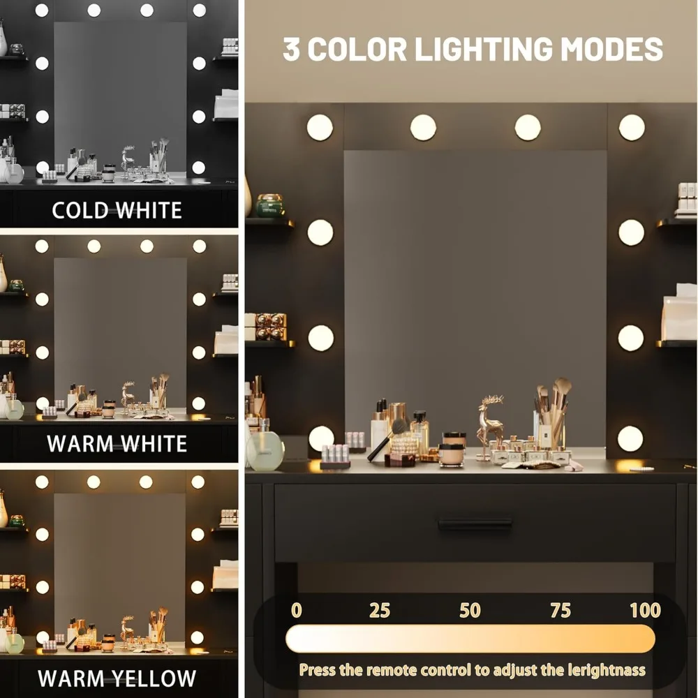 طاولة مكياج مضيئة مع 7 أدراج و6 أرفف ومرآة ومنفذ متضمن