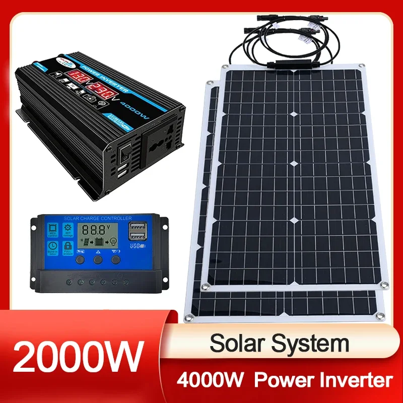 2000W Solar Panel Kit Inverter Solar Controller Waterpfoof Comping Solar Power 110V-220V Generation Intelligent Charging Board