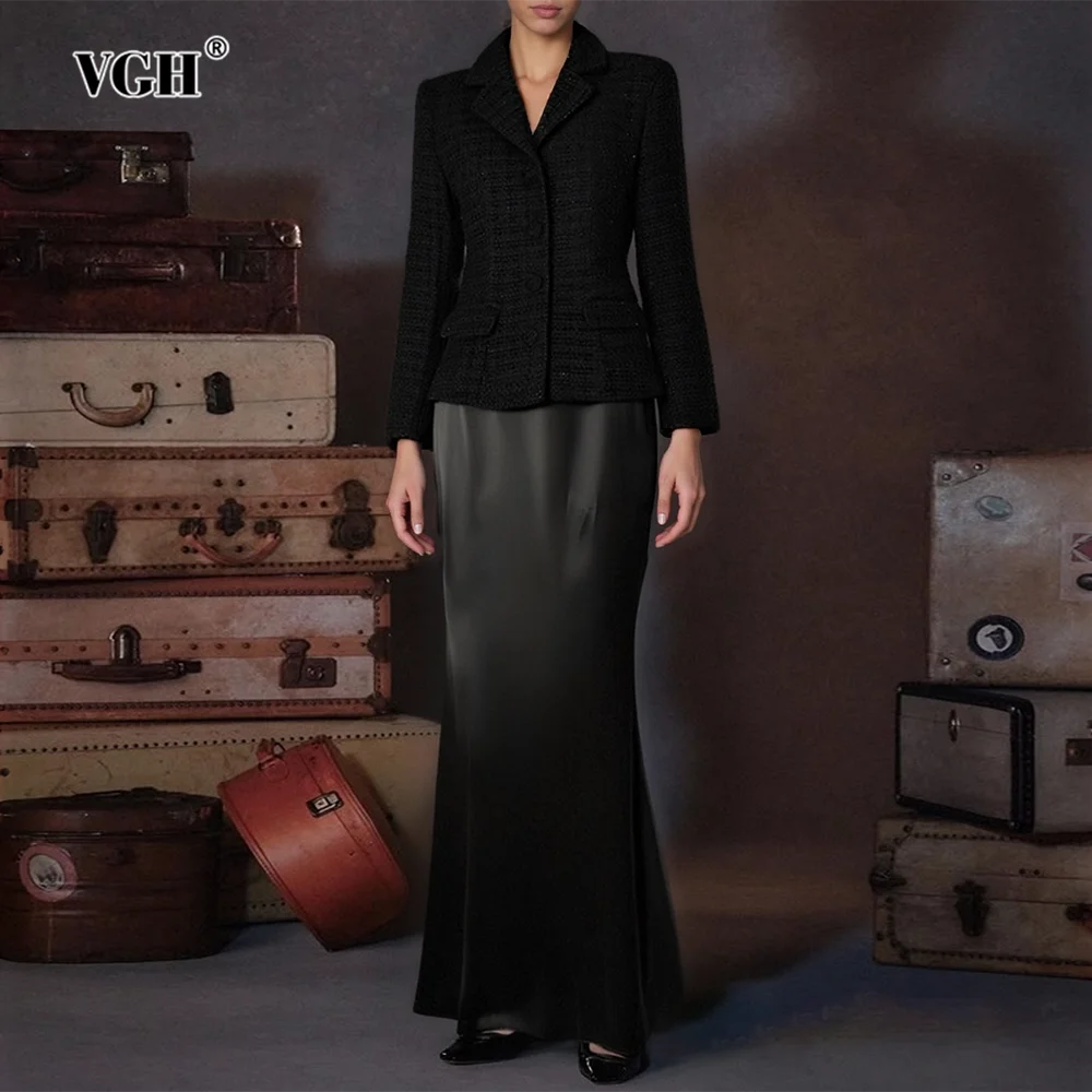 

VGH Elegant Solid Slimming Two Piece Sets For Women V Neck Long Sleeve Top High Waist Skirt Temperament Set Female Fashion New