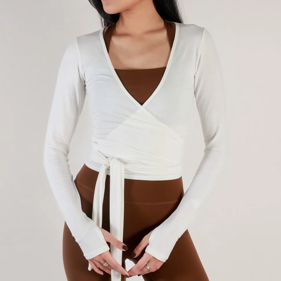 Hot Sale Yoga Tops Women's Ballet Wrap Tops Solid Color Stylish V Neck Long Sleeve Workout T-Shirt for Sports Streetwear