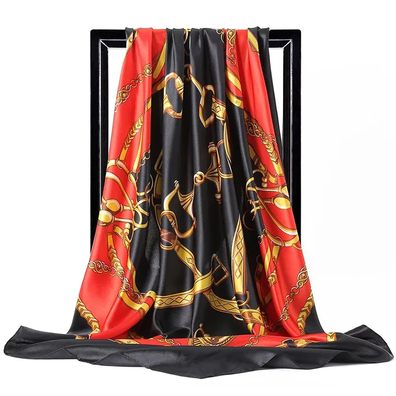 90*90cm Luxury Brand Twill Silk Large Scarf Women Fashion Belt Pattern Satin Square lady Design Handkerchief Bandanna foulard