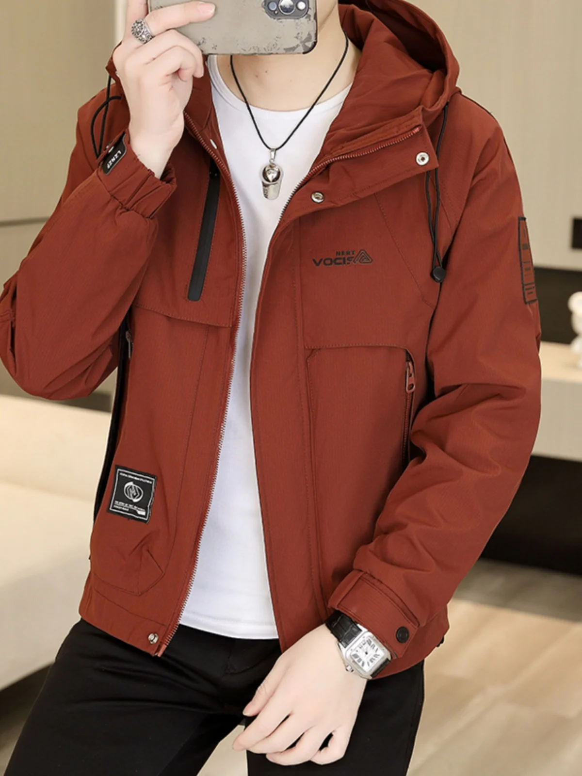 

Spring 2025 Men's Casual Hooded Jaet Thin Pure Color Versatile Workwear Coat Trendy Youth Polyester Fiber Long Sve Zipper