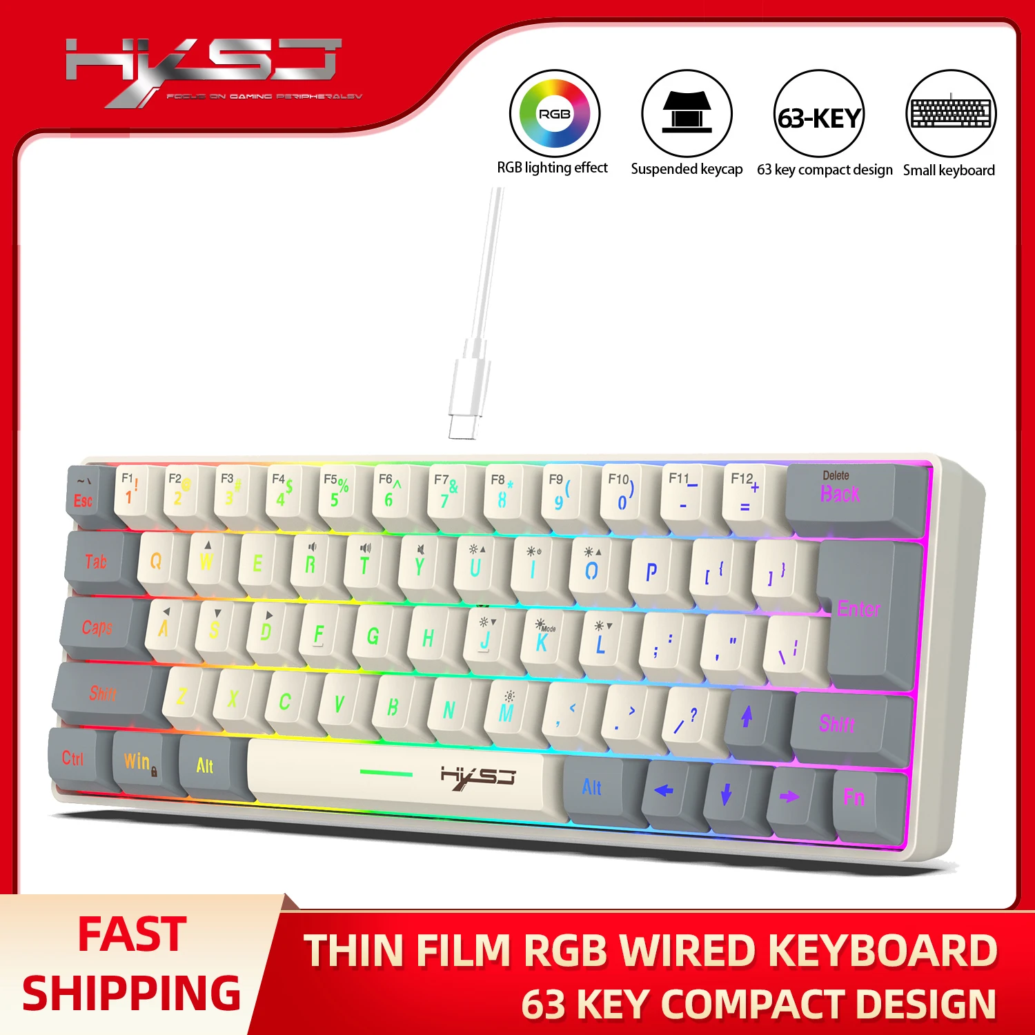 63 keys gaming keybord HXSJ V400 ergonomic mute key ABS keycap RGB lighting game office USB wired membrane keyboard for laptop