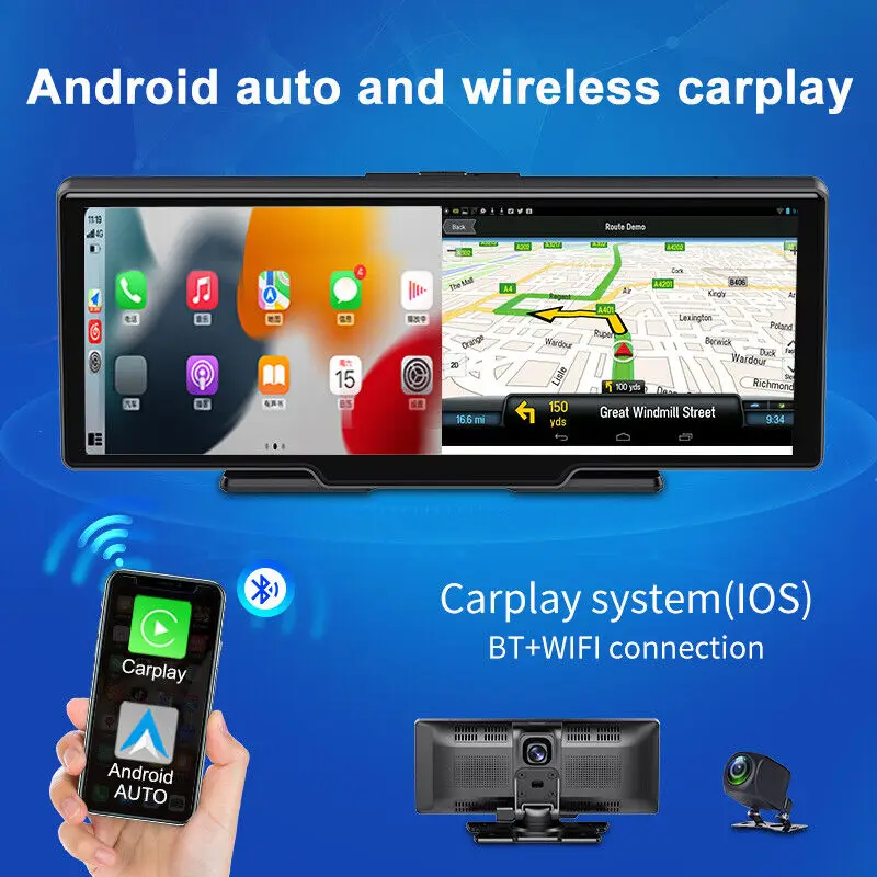 iPoster Rejestrator samochodowy 10,26 cala Kamera samochodowa 1080P Carplay Android Auto Video Drive Rejestrator Stream Dashcam FM Bluetooth Audio DVR GPS