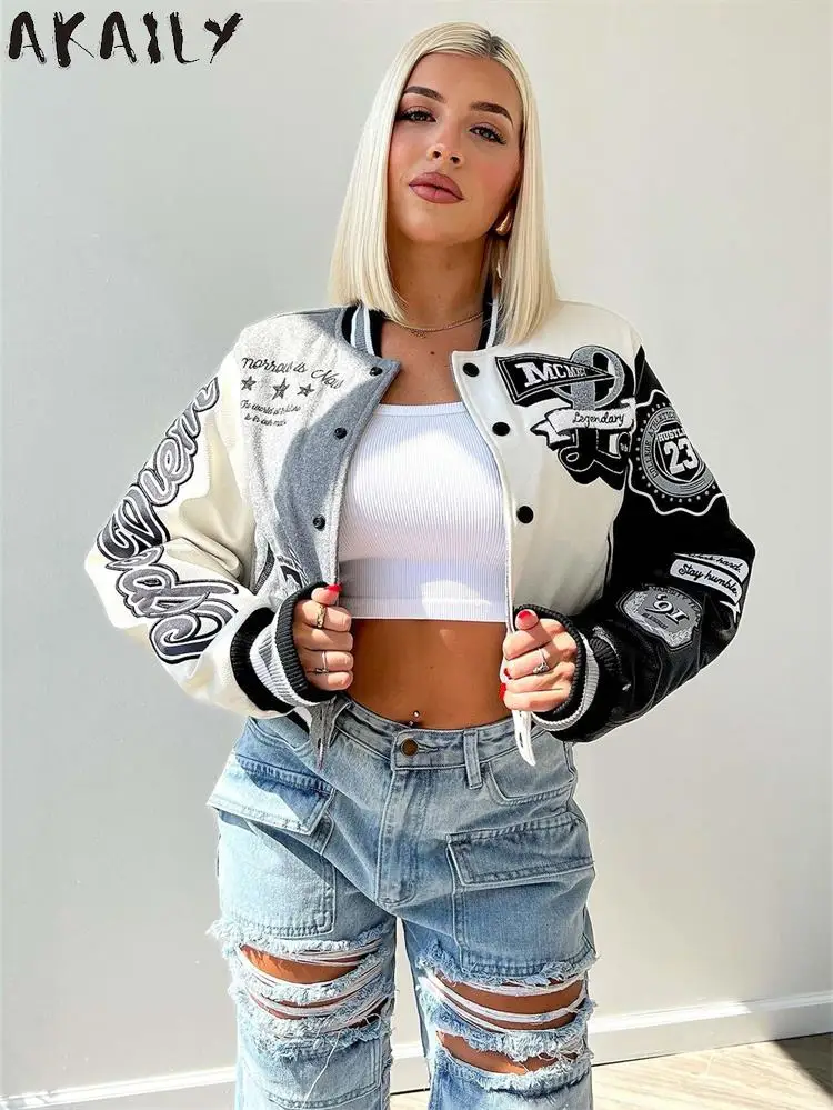 

Akaily Gray Fashion Graphic Print Bomber Jackets Streetwear Outfits Women 2023 Fall Winter Button Fly Patchwork Baseball Jackets