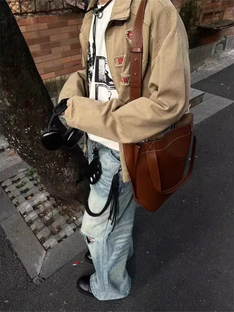 

Мужская джинсовая куртка цвета хаки с вышивкой, весна-осень, в рабочем стиле, с воротником-стойкой, свободного кроя, молодежная, повседневная