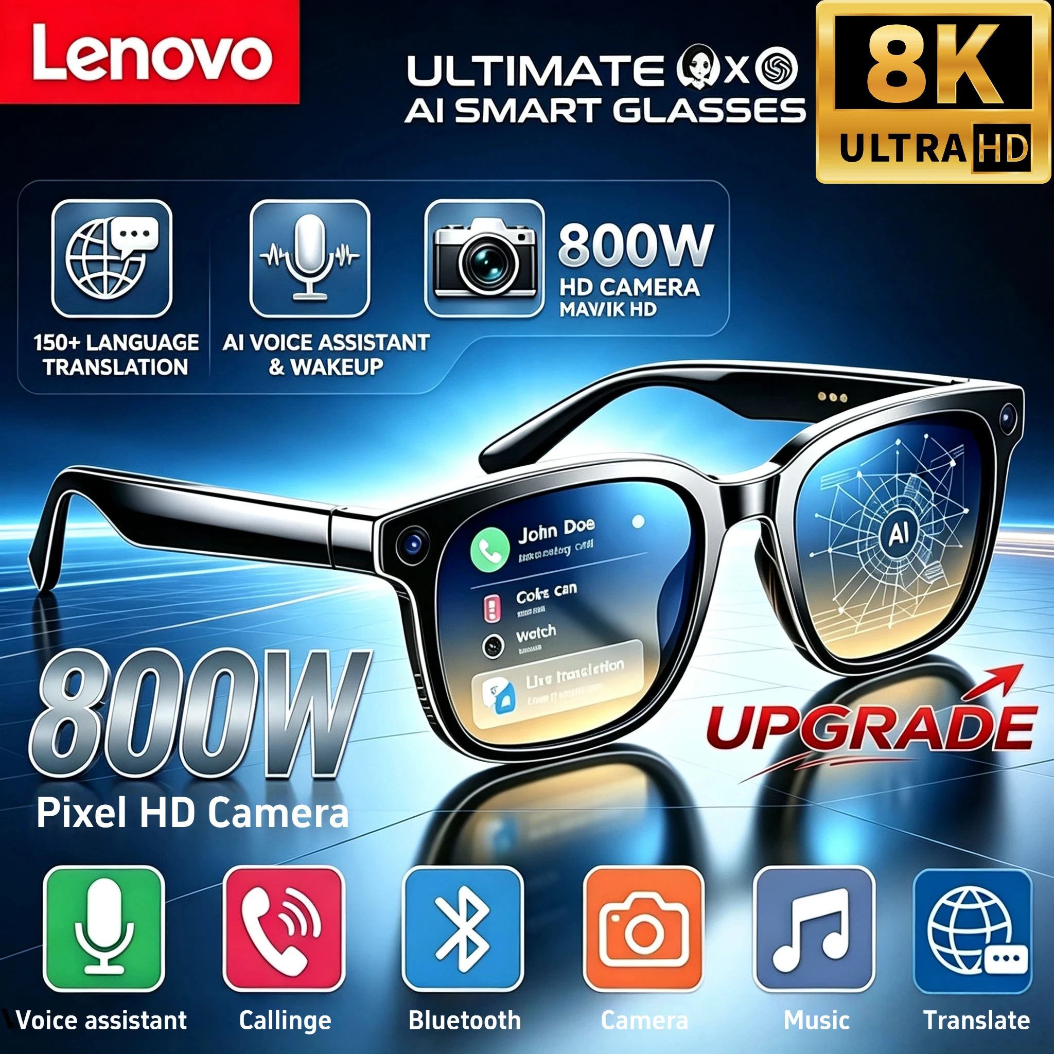 Lunettes intelligentes AI Lenovo 800W HD 8K, caméra de prise de vue photo et vidéo, appels vocaux, traduction, lunettes intelligentes AI Bluetooth, mise à niveau 2026