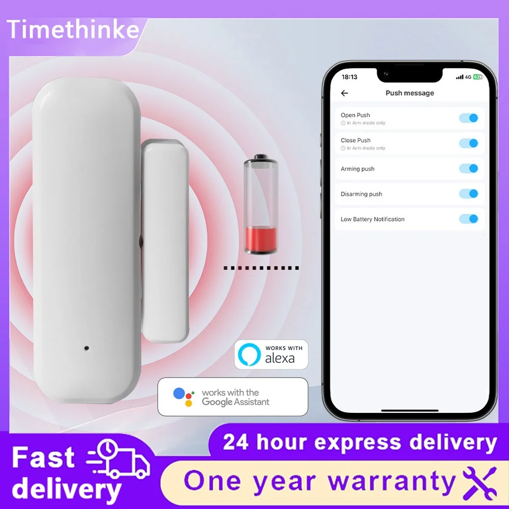 Smart WiFi Contact Sensor Door Window Detector APP Real‑time Alert Anti‑theft Security Alarm Work with Alexa Google