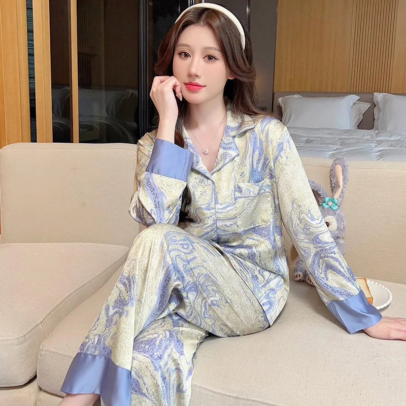 Beauty Home Suit Spring/Summer New Two Piece Set Pajamas for Women  Pigiami Donna Satin Silk Long Sleepwear  Loungewear Women