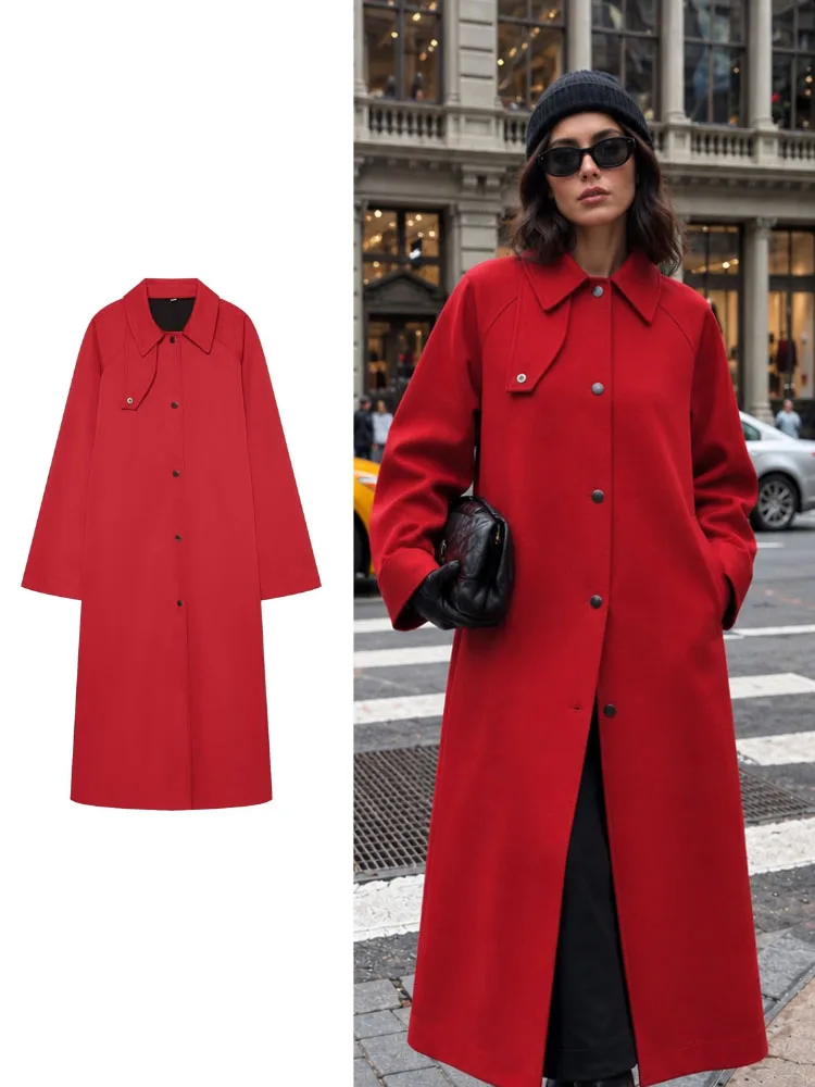 HH Women's Red Long Trench Coat Fall Winter Elegant Loose Fit Snap Button Overcoat Casual Streetwear Commuter Jacket for Ladies