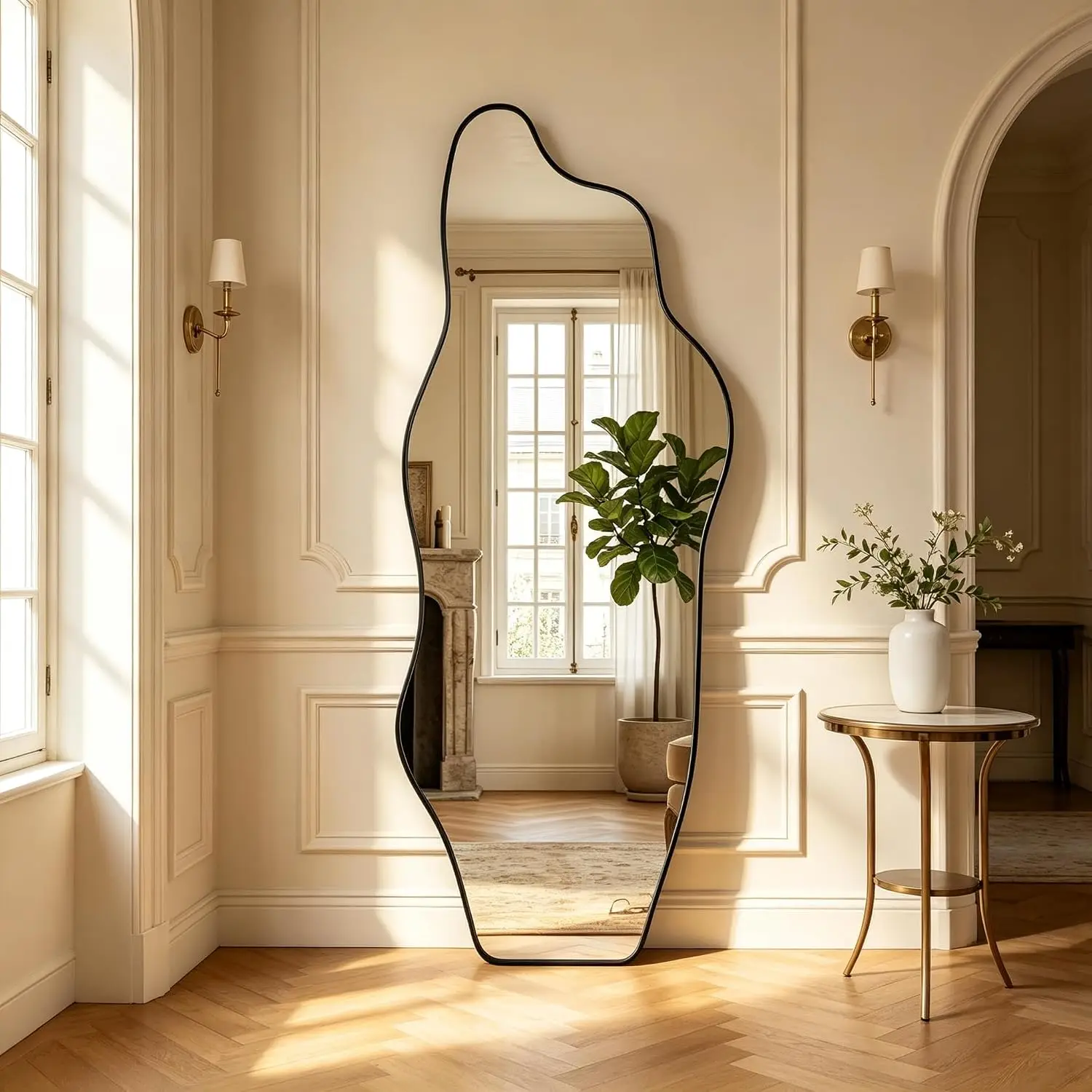 Irregular Wall Mirror Full Length, Wavy Asymmetrical Black Mirror